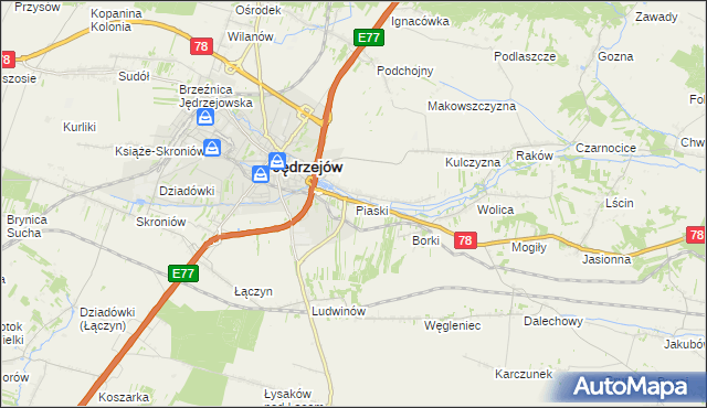 mapa Piaski gmina Jędrzejów, Piaski gmina Jędrzejów na mapie Targeo