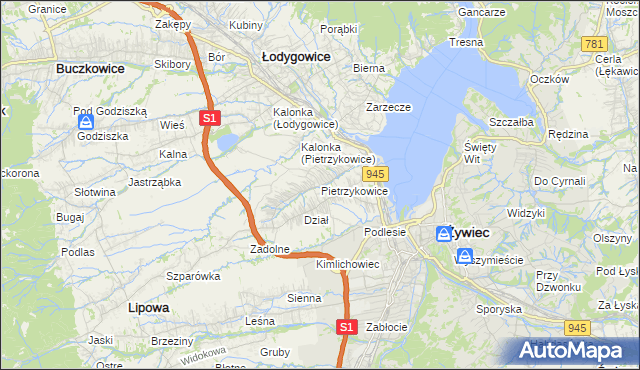 mapa Pietrzykowice gmina Łodygowice, Pietrzykowice gmina Łodygowice na mapie Targeo