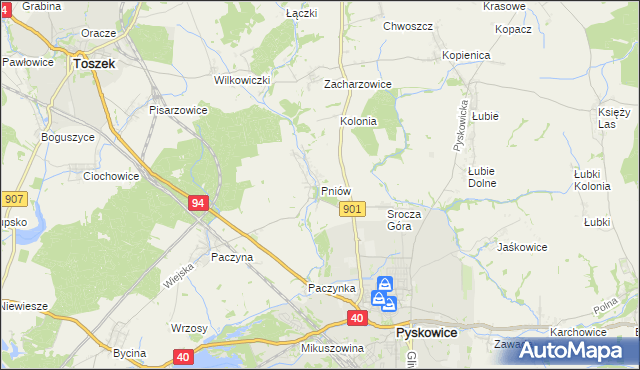 mapa Pniów gmina Toszek, Pniów gmina Toszek na mapie Targeo