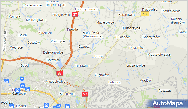 mapa Prusy gmina Kocmyrzów-Luborzyca, Prusy gmina Kocmyrzów-Luborzyca na mapie Targeo