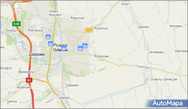 mapa Roszkowo gmina Pruszcz Gdański, Roszkowo gmina Pruszcz Gdański na mapie Targeo
