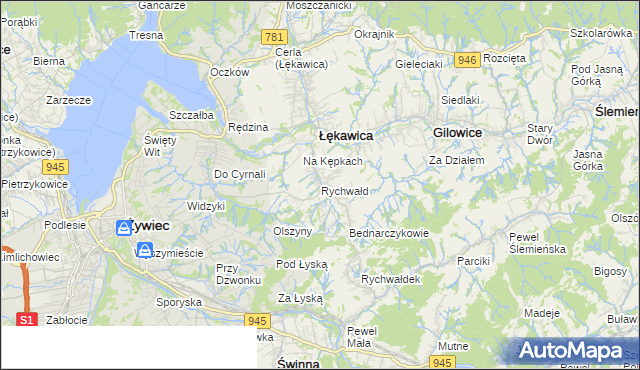 mapa Rychwałd gmina Gilowice, Rychwałd gmina Gilowice na mapie Targeo