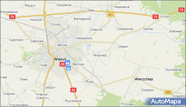 mapa Widoradz, Widoradz na mapie Targeo