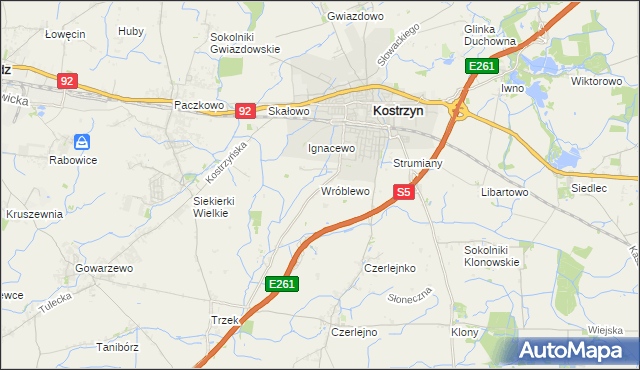 mapa Wróblewo gmina Kostrzyn, Wróblewo gmina Kostrzyn na mapie Targeo