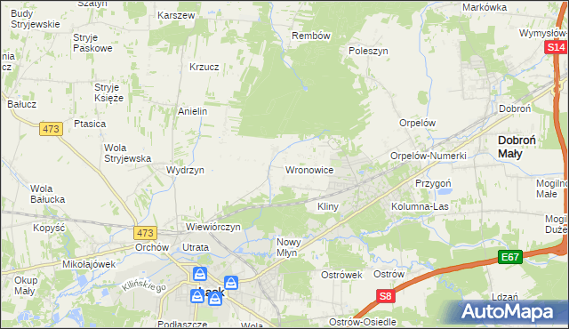 mapa Wronowice gmina Łask, Wronowice gmina Łask na mapie Targeo