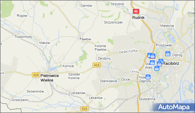 mapa Żerdziny gmina Pietrowice Wielkie, Żerdziny gmina Pietrowice Wielkie na mapie Targeo
