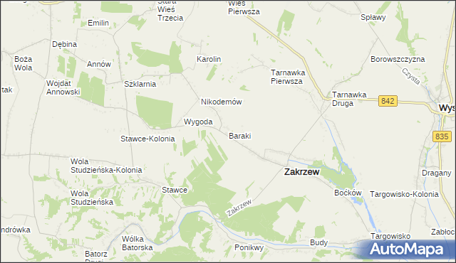 mapa Baraki gmina Zakrzew, Baraki gmina Zakrzew na mapie Targeo