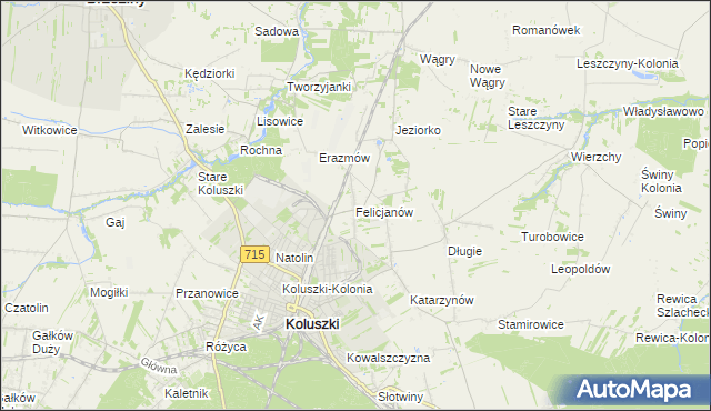 mapa Felicjanów gmina Koluszki, Felicjanów gmina Koluszki na mapie Targeo