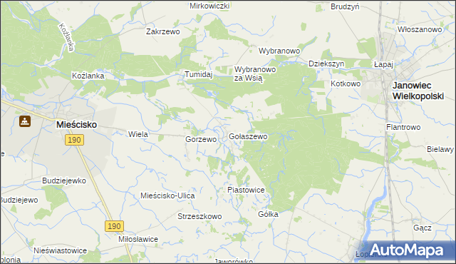 mapa Gołaszewo gmina Mieścisko, Gołaszewo gmina Mieścisko na mapie Targeo