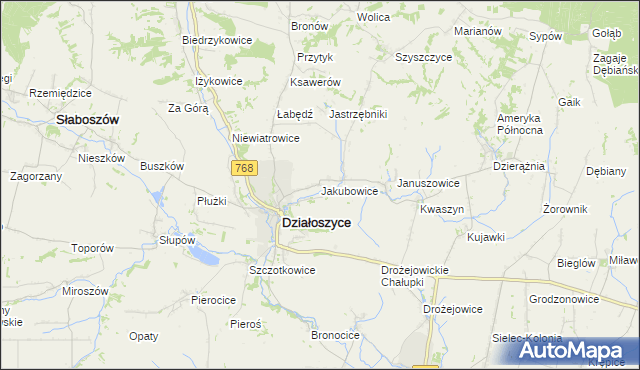 mapa Jakubowice gmina Działoszyce, Jakubowice gmina Działoszyce na mapie Targeo