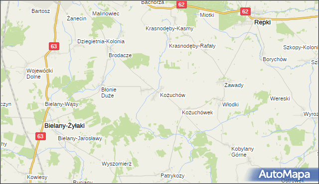 mapa Kożuchów gmina Bielany, Kożuchów gmina Bielany na mapie Targeo