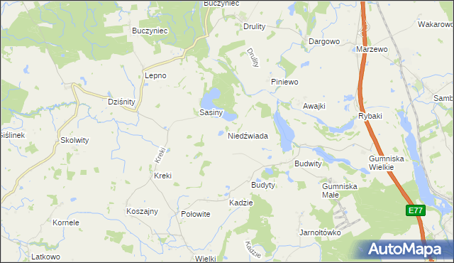 mapa Niedźwiada gmina Małdyty, Niedźwiada gmina Małdyty na mapie Targeo