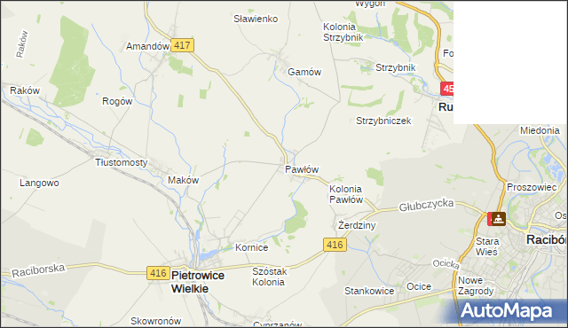 mapa Pawłów gmina Pietrowice Wielkie, Pawłów gmina Pietrowice Wielkie na mapie Targeo