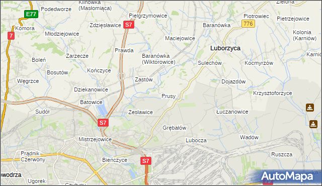 mapa Prusy gmina Kocmyrzów-Luborzyca, Prusy gmina Kocmyrzów-Luborzyca na mapie Targeo