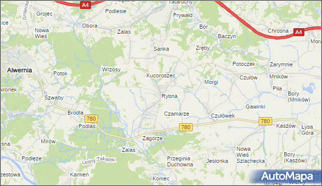 mapa Rybna gmina Czernichów, Rybna gmina Czernichów na mapie Targeo