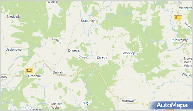 mapa Zaręby gmina Lidzbark Warmiński, Zaręby gmina Lidzbark Warmiński na mapie Targeo