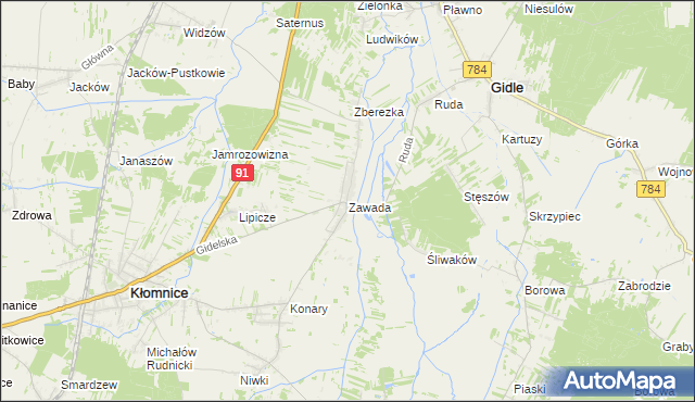 mapa Zawada gmina Kłomnice, Zawada gmina Kłomnice na mapie Targeo