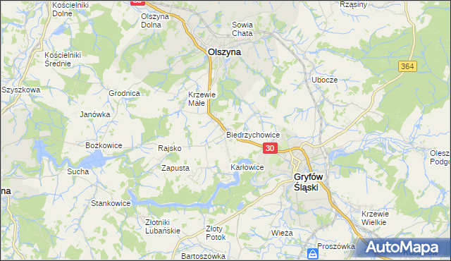 mapa Biedrzychowice gmina Olszyna, Biedrzychowice gmina Olszyna na mapie Targeo