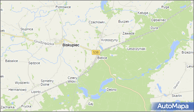 mapa Bielice gmina Biskupiec, Bielice gmina Biskupiec na mapie Targeo