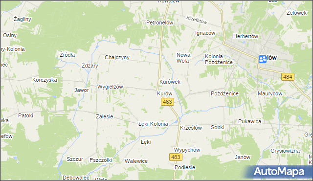 mapa Kurów gmina Zelów, Kurów gmina Zelów na mapie Targeo