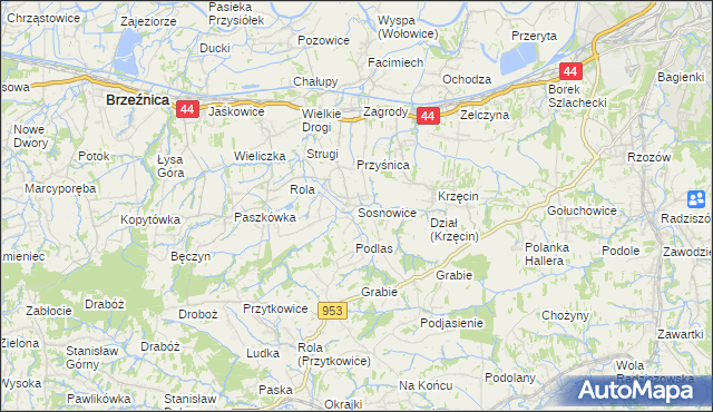 mapa Sosnowice gmina Brzeźnica, Sosnowice gmina Brzeźnica na mapie Targeo