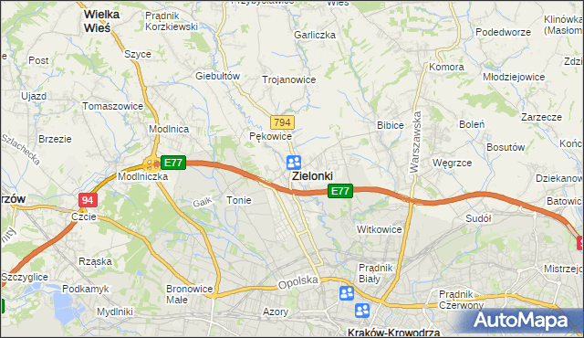 mapa Zielonki powiat krakowski, Zielonki powiat krakowski na mapie Targeo