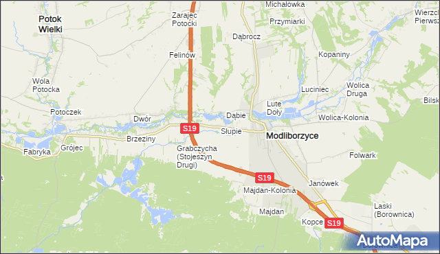 mapa Słupie gmina Modliborzyce, Słupie gmina Modliborzyce na mapie Targeo