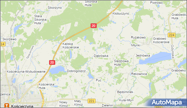 mapa Dąbrówka gmina Kościerzyna, Dąbrówka gmina Kościerzyna na mapie Targeo