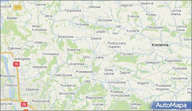 mapa Łęka gmina Korzenna, Łęka gmina Korzenna na mapie Targeo
