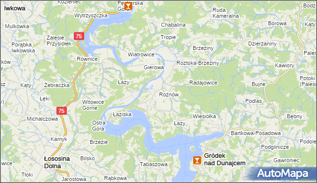 mapa Rożnów gmina Gródek nad Dunajcem, Rożnów gmina Gródek nad Dunajcem na mapie Targeo