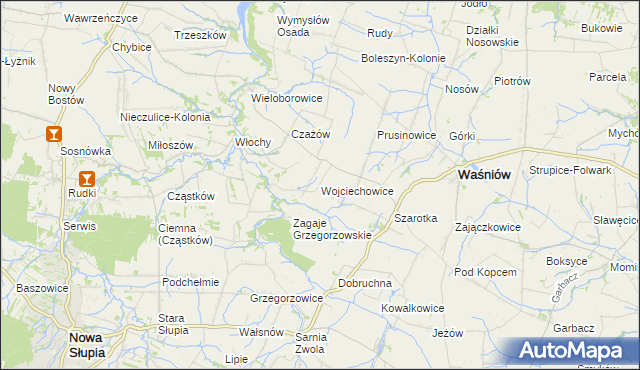 mapa Wojciechowice gmina Waśniów, Wojciechowice gmina Waśniów na mapie Targeo