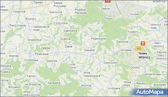 mapa Zawada gmina Bochnia, Zawada gmina Bochnia na mapie Targeo