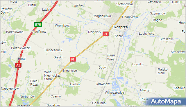 mapa Białocin gmina Rozprza, Białocin gmina Rozprza na mapie Targeo