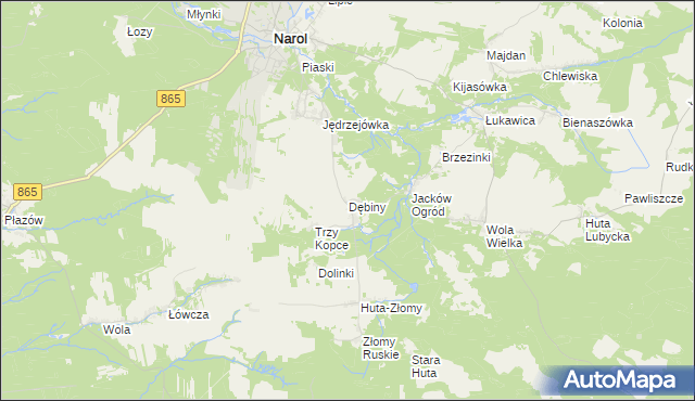 mapa Dębiny gmina Narol, Dębiny gmina Narol na mapie Targeo