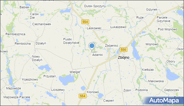 mapa Adamki, Adamki gmina Zbójno na mapie Targeo