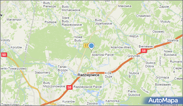 mapa Adamów-Parcel, Adamów-Parcel na mapie Targeo