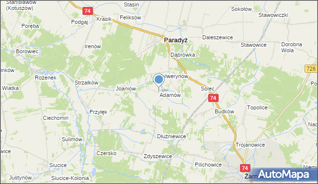 mapa Adamów, Adamów gmina Paradyż na mapie Targeo