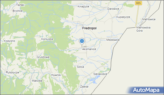 mapa Aksmanice, Aksmanice na mapie Targeo