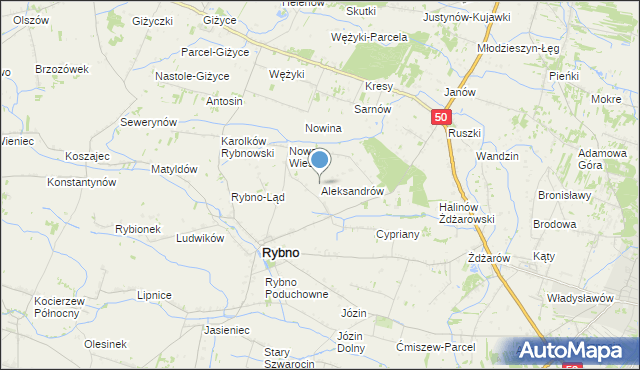 mapa Aleksandrów, Aleksandrów gmina Rybno na mapie Targeo