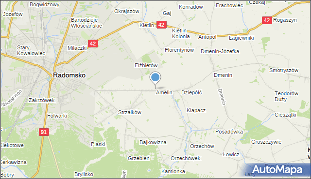 mapa Amelin, Amelin gmina Radomsko na mapie Targeo