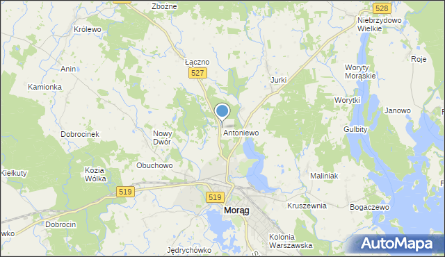 mapa Antoniewo, Antoniewo gmina Morąg na mapie Targeo