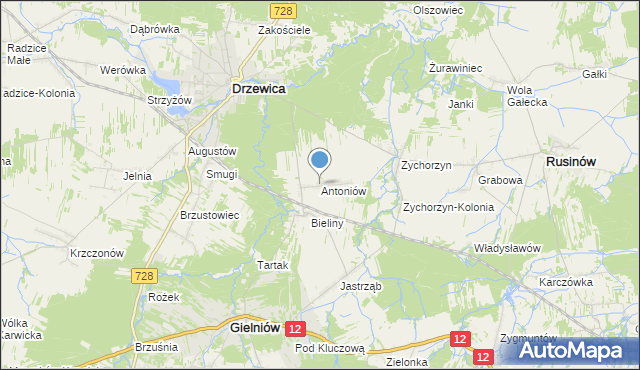 mapa Antoniów, Antoniów gmina Gielniów na mapie Targeo