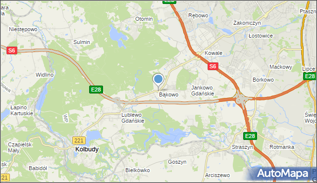 mapa Bąkowo, Bąkowo gmina Kolbudy na mapie Targeo