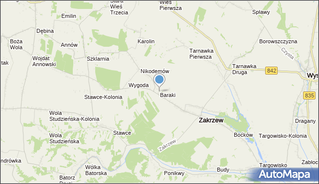 mapa Baraki, Baraki gmina Zakrzew na mapie Targeo