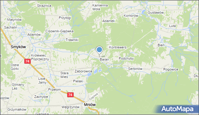 mapa Baran, Baran gmina Mniów na mapie Targeo