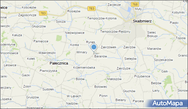 mapa Baranów, Baranów gmina Skalbmierz na mapie Targeo