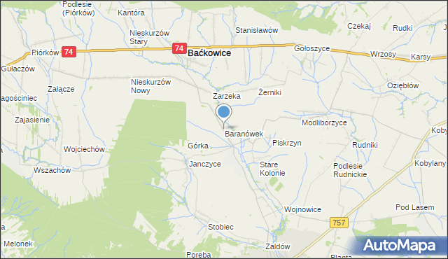 mapa Baranówek, Baranówek gmina Baćkowice na mapie Targeo