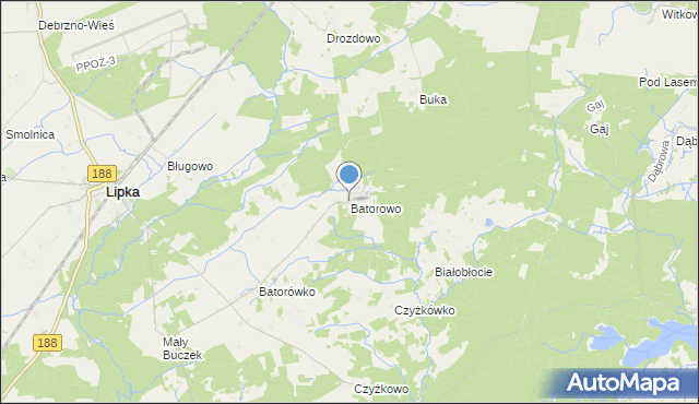 mapa Batorowo, Batorowo gmina Lipka na mapie Targeo