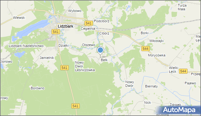 mapa Bełk, Bełk gmina Lidzbark na mapie Targeo