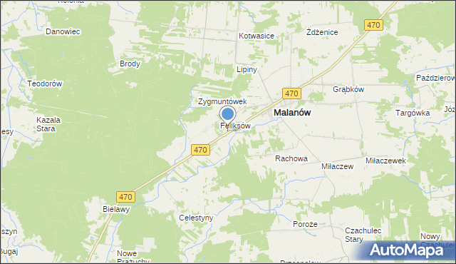 mapa Bielawy, Bielawy gmina Malanów na mapie Targeo